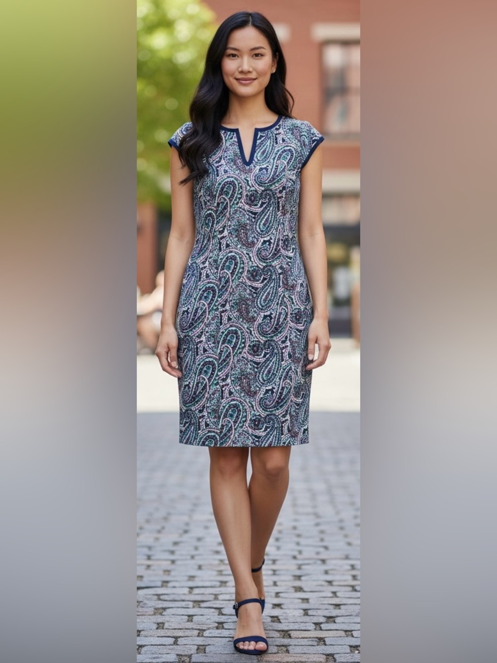 Talbots Navy Paisley Sheath Dress with Teal & Burgundy Accents